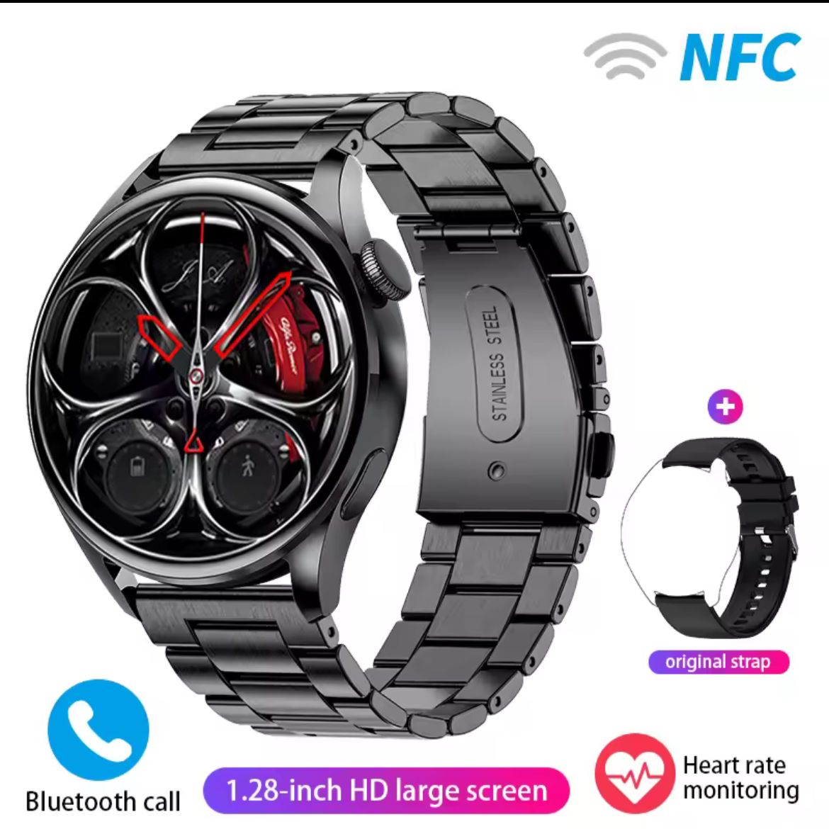 Smartwatch deportivo negro con correa metalica